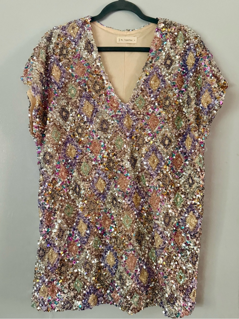 By Together Farrah Sequin V-Neck Tunic Dress Multicolor Patchwork Mini S
